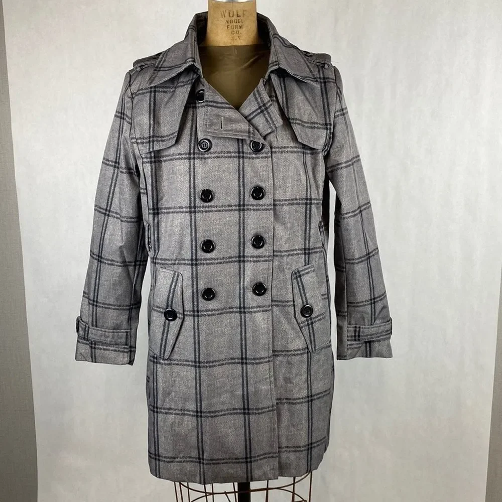 Farvalue Plaid Trench Coat Sz Large Water Resistant Double Breasted Gray Black